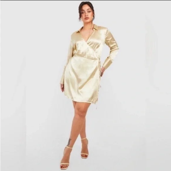 Boohoo PLUS WRAP SILK DRESS & RHINESTONE EARRINGS - Picture 2 of 8